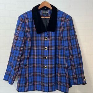 Vintage 90’s Y2K Retro Blue Pink Plaid Jacket Blazer Black Velvet Collar Size 24